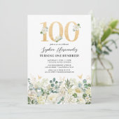 Groen & Witte Bloem 100ste Verjaardagsfeestje Kaart (Staand voorkant)