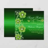 Groen/Witte Bloem Swirl Sweet16 Verjaardag Uitnodi Kaart (Voorkant / Achterkant)