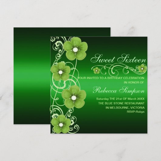 Groen/Witte Bloem Swirl Sweet16 Verjaardag Uitnodi Kaart (Voorkant / Achterkant)