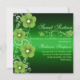 Groen/Witte Bloem Swirl Sweet16 Verjaardag Uitnodi Kaart