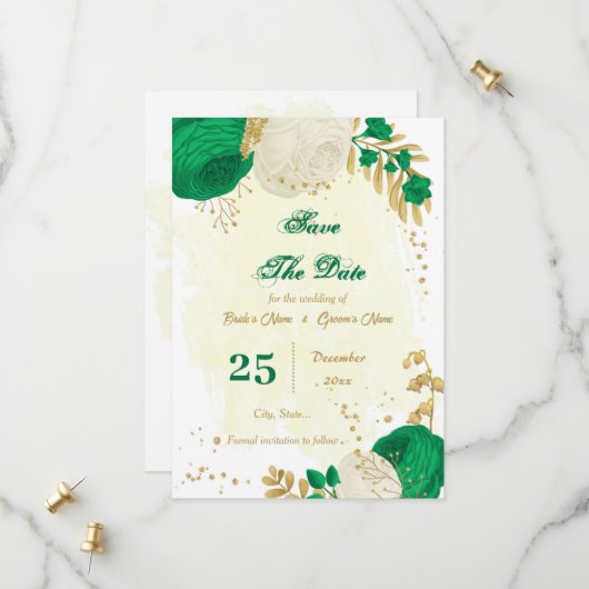 groen - witte bloemen goud botanisch save the date (Voorkant / Achterkant in situ)
