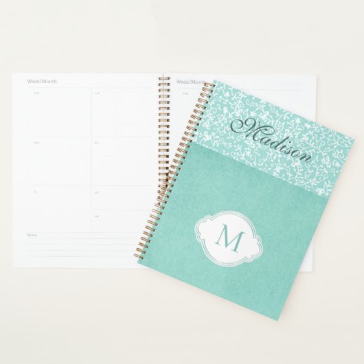 Groen Witte Bloemige Pastel Modieus Monogram Planner (Display)