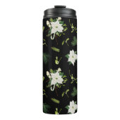 Groen Witte Bloemmotief op Zwart Thermosbeker (Voorkant)