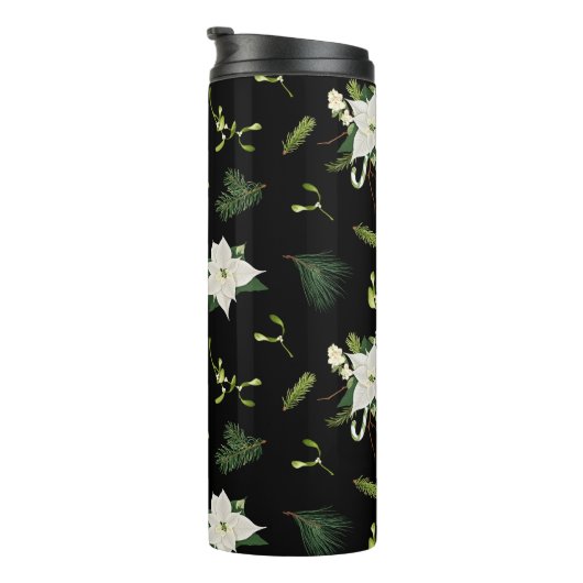 Groen Witte Bloemmotief op Zwart Thermosbeker (Geroteerd rechts)