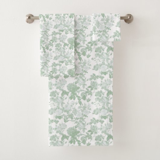 Groen Witte Bloemrozen Franse Chinoiserie Bad Handdoek (Insitu)