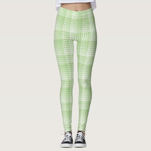 Groen Witte Checker Abstract Patroon Leggings (Voorkant)