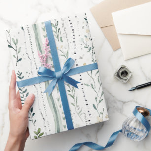 Groen Witte Chic Bloemige Verjaardag Cadeaupapier