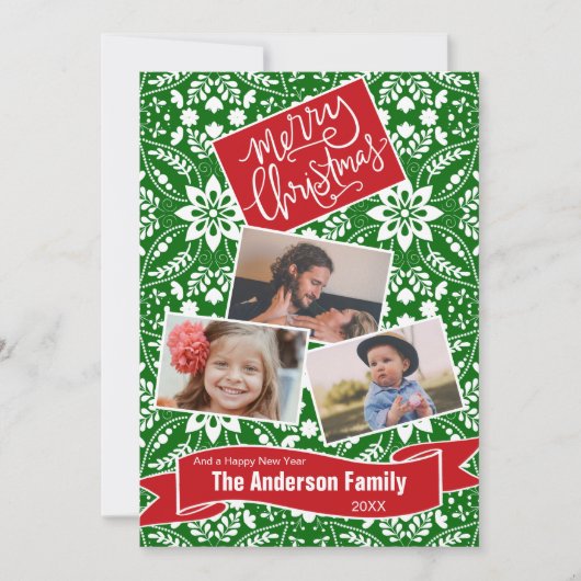 Groen Witte Folk Bloemen Vakantiepatroon Feestdagenkaart (Voorkant)