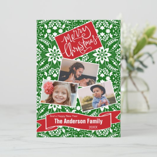 Groen Witte Folk Bloemen Vakantiepatroon Feestdagenkaart (Staand voorkant)