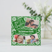 Groen Witte Folk Bloemen Vakantiepatroon Feestdagenkaart (Staand voorkant)