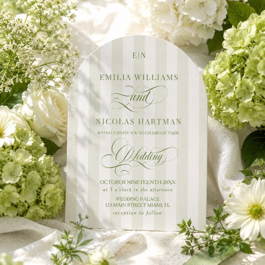 Groen Witte Gestreepte Monogram Bruiloft Kaart