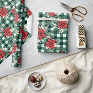 Groen Witte Gingham Poinsettia Kerst Bloemmotief Cadeaupapier