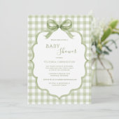Groen Witte Gingham Whimsische Baby Shower Kaart (Staand voorkant)