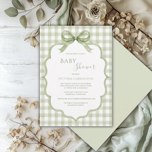 Groen Witte Gingham Whimsische Baby Shower Kaart