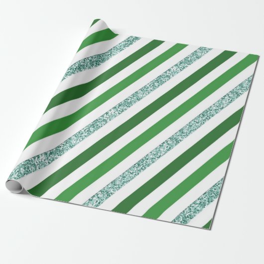 Groen Witte Glitter Gestreepte Feestdag Cadeaupapier (Uitgerold)