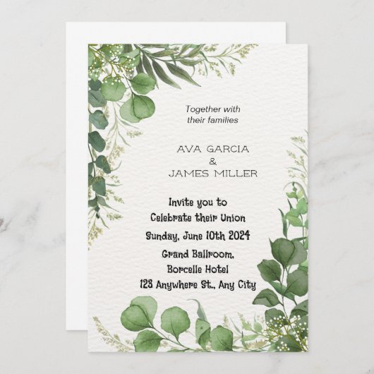 Groen-witte huwelijksuitnodiging met bloemen kaart (Voorkant / Achterkant)