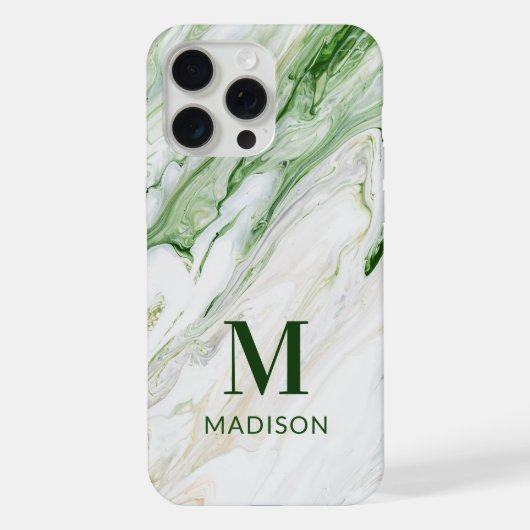 Groen Witte Marmeren Monogram Gepersonaliseerde Na iPhone Hoesje (Achterkant)