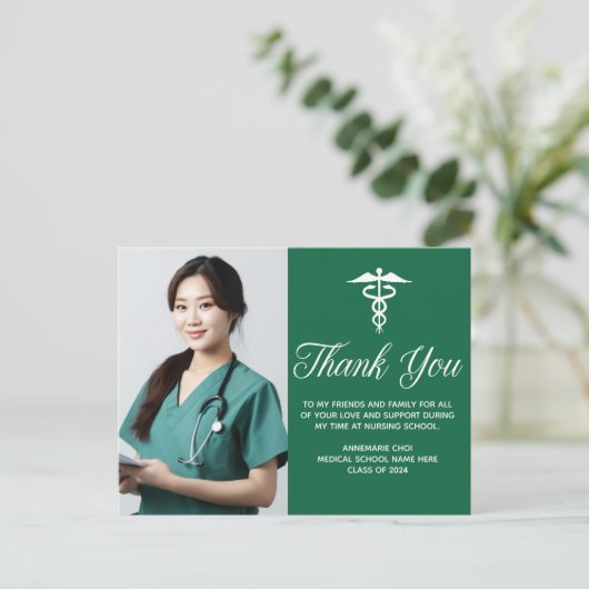 Groen Witte Medische Caduceus Foto Bedankt Briefkaart (Staand voorkant)