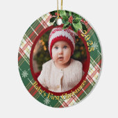 groen-witte plaid | De eerste kerstfoto van de bab Keramisch Ornament (Links)