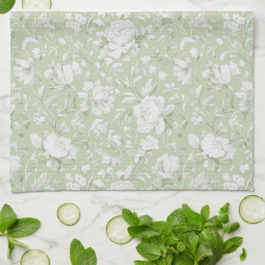 Groen Witte Romantische Bloem Theedoek (Gevouwen)