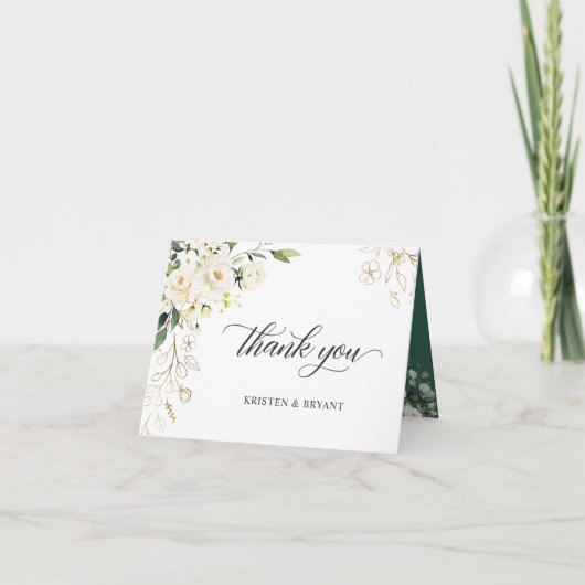 Groen witte roos gouden bloemrijke elegante chic bedankkaart (Voorkant)
