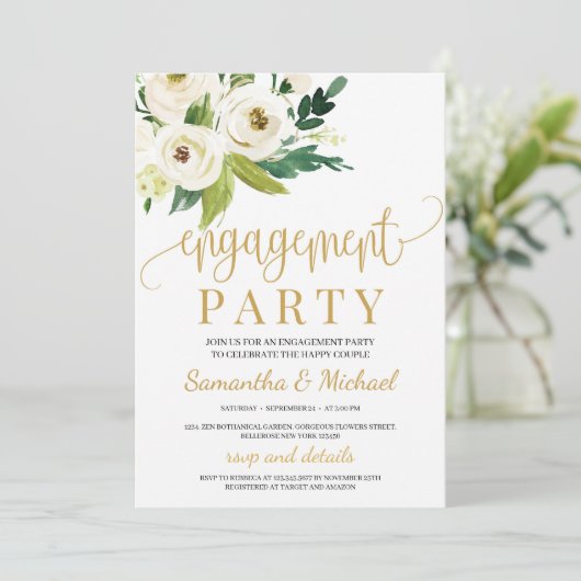 Groen witte rozen bloemengoud verloving kaart (Staand voorkant)