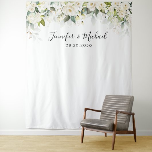 Groen Witte Rozen Bruiloft Achtergronden Wandkleed (In situ)