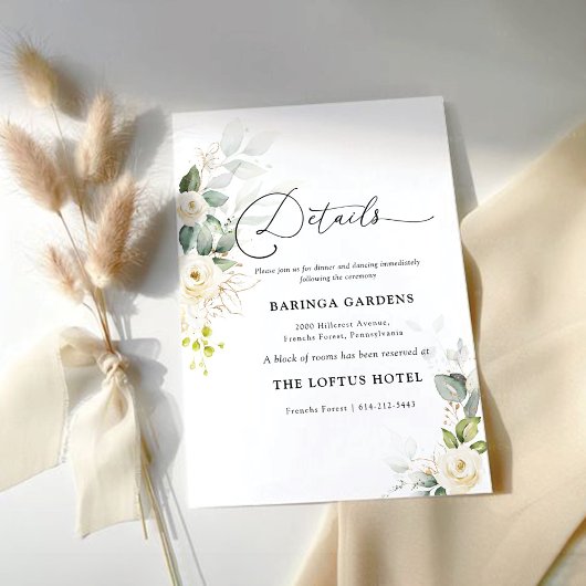 Groen Witte Rozen Bruiloft Details Informatiekaartje