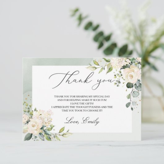 Groen witte rozen eucalyptus vrijgezellenfeest bedankkaart (Staand voorkant)