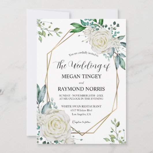 Groen & Witte Rozen Gouden Lijst Rustieke Bruiloft Kaart (Voorkant)