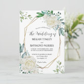 Groen & Witte Rozen Gouden Lijst Rustieke Bruiloft Kaart (Staand voorkant)