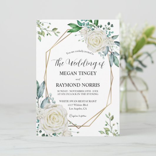 Groen & Witte Rozen Gouden Lijst Rustieke Bruiloft Kaart (Staand voorkant)