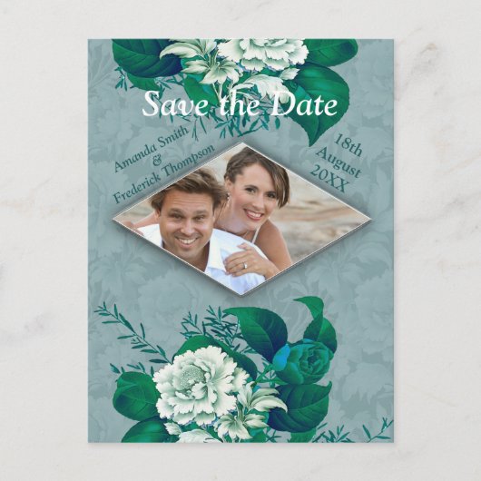 Groen/Witte Rozenbloemen op Groen patroondocument Aankondigingskaart (Voorkant)