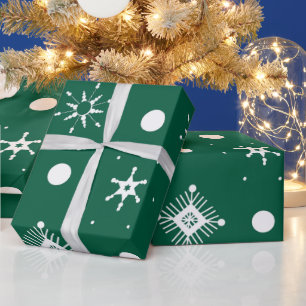 Groen Witte Sneeuwvlokken Patroon Cadeaupapier