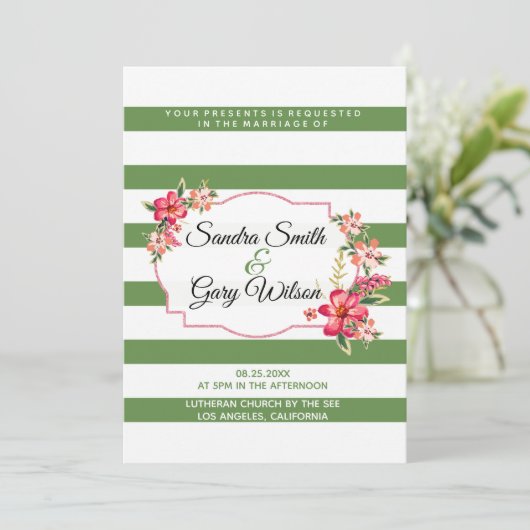Groen Witte Strepen En Kleurrijk Boeket Bruiloft Kaart (Staand voorkant)