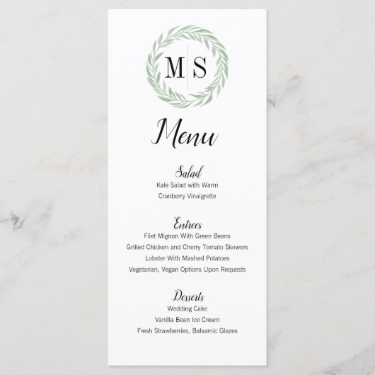 Groen Wreath Monogram Weddenschap Menu (Voorkant)