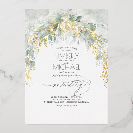 Groen Zacht Elegant Boho Bruiloft Goud Folie Uitnodiging (Voorkant)