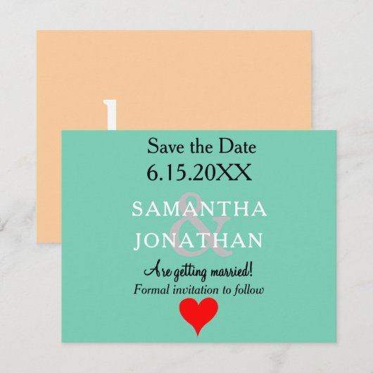 Groen zandstrand rood hart trouwfeest save the date (Voorkant / Achterkant)