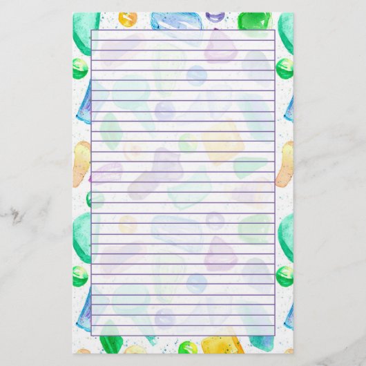 Groen Zee Glas Waterverf Paarse gevoerd Briefpapier (Voorkant)