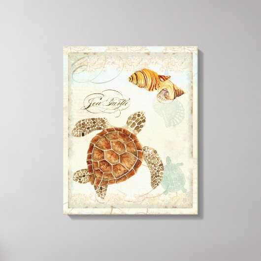 Groen Zee Schildpad Kuststrand - Waterverf Art Canvas Afdruk (Voorkant)