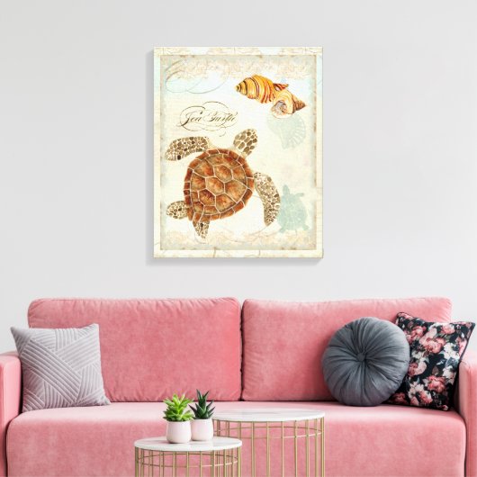 Groen Zee Schildpad Kuststrand - Waterverf Art Canvas Afdruk (Insitu (Woonkamer))
