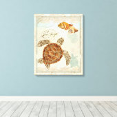 Groen Zee Schildpad Kuststrand - Waterverf Art Canvas Afdruk (Insitu (Houten vloer))