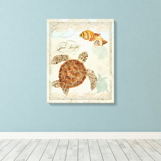 Groen Zee Schildpad Kuststrand - Waterverf Art Canvas Afdruk (Insitu (Houten vloer))