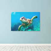 Groen Zee schildpad zwemt over koraalrif |Hawaii Canvas Afdruk (Insitu (Houten vloer))
