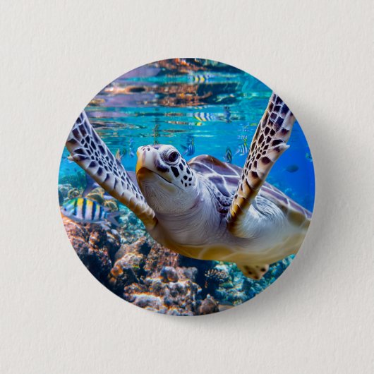 Groen Zee schildpad zwemt over koraalrif |Hawaii Ronde Button 5,7 Cm (Voorkant)