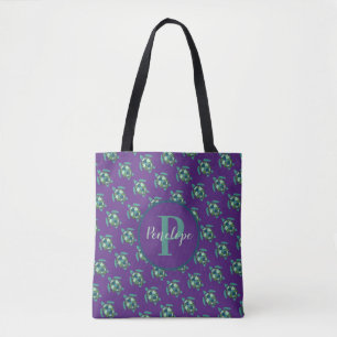 Groen Zee schildpadpatroon op Paars met monogram Tote Bag