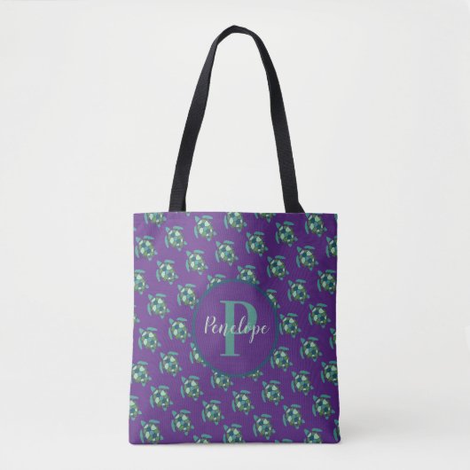 Groen Zee schildpadpatroon op Paars met monogram Tote Bag (Voorkant)