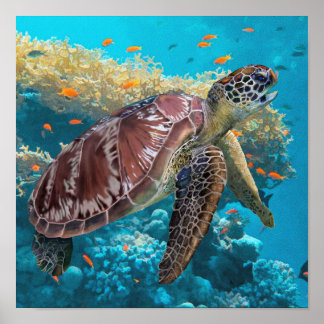 Groen Zee Schroefschildpad nabij koraalrif Poster