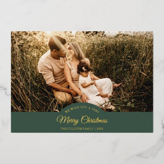 Groen Zeer Vrolijk Kerstmis Vier Foto Horizontaal Folie Feestdagenkaart (Voorkant)