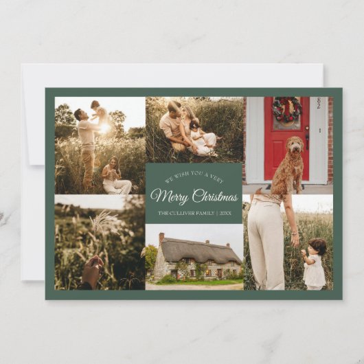 Groen Zeer Vrolijk Kerstmis Zes Fotocollage Feestdagenkaart (Voorkant)
